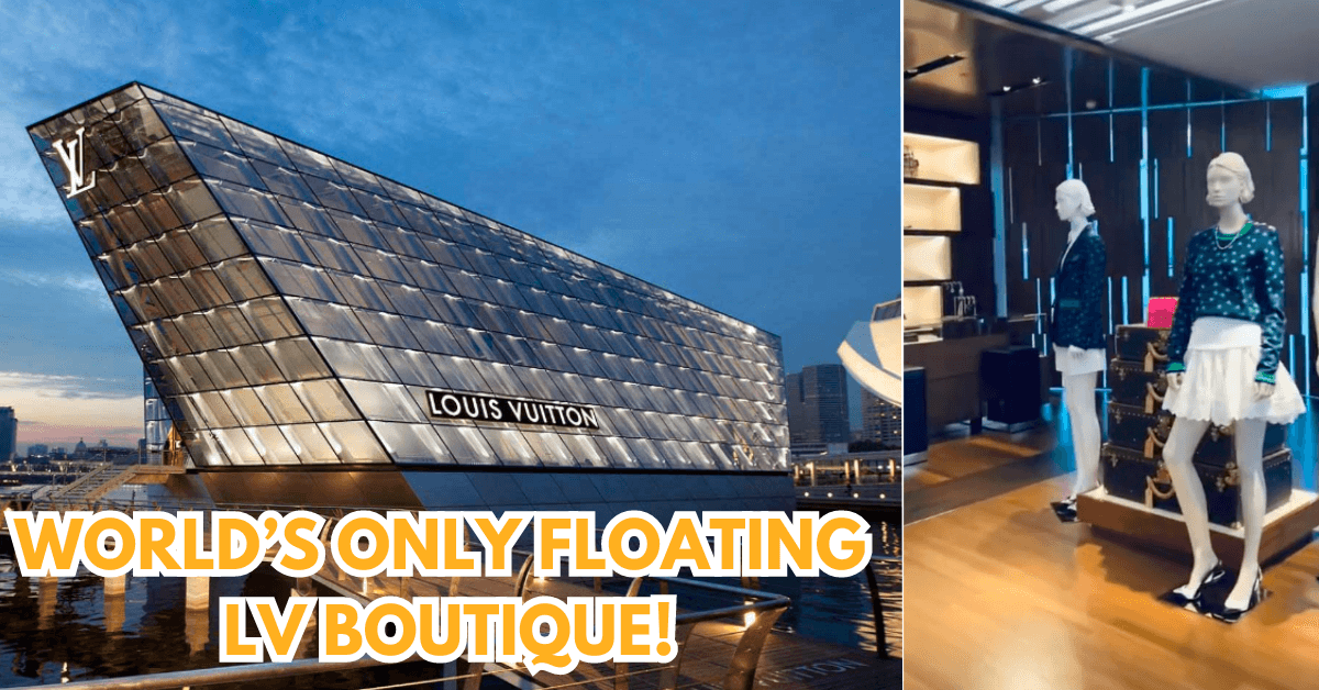 Composite image of the exterior and interior of the floating Louis Vuitton store at Marina Bay Sands